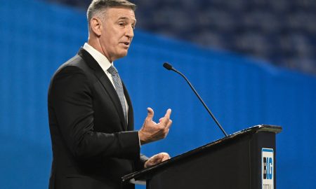 Jul 23, 2024; Indianapolis, IN, USA; Big Ten commissioner Tony Petitti speaks to the media during the Big 10 football media day at Lucas Oil Stadium. Mandatory Credit: Robert Goddin-USA TODAY Sports