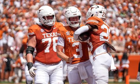 Texas Longhorns quarterback Quinn Ewers (3) and offensive lineman Hayden Conner (76) celebrate a touchdown by running back Quintrevion Wisner (26) against Colorado State at Darrell K Royal-Texas Memorial Stadium in Austin Saturday, Aug. 31, 2024.