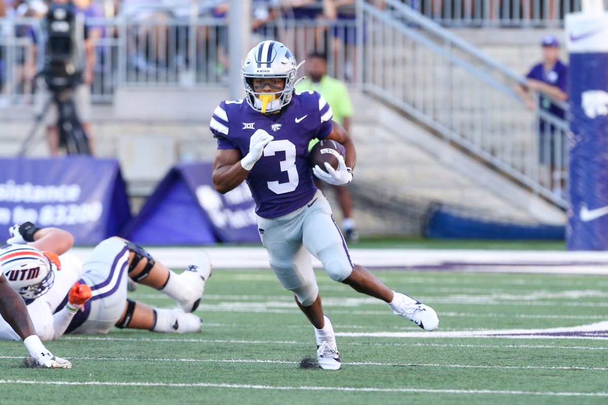 Aug 31, 2024; Manhattan, Kansas, USA; Kansas State Wildcats running back Dylan Edwards (3) finds room to run during the first quarter against the Tennessee-Martin Skyhawks at Bill Snyder Family Football Stadium. Mandatory Credit: Scott Sewell-USA TODAY Sports