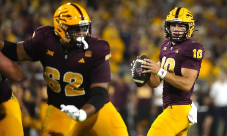 ASU quarterback Sam Leavitt (10) looks for a receiver during a game against Wyoming at Mountain America Stadium on Aug. 31, 2024, in Tempe.