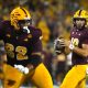 ASU quarterback Sam Leavitt (10) looks for a receiver during a game against Wyoming at Mountain America Stadium on Aug. 31, 2024, in Tempe.