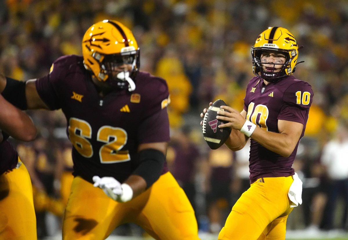 ASU quarterback Sam Leavitt (10) looks for a receiver during a game against Wyoming at Mountain America Stadium on Aug. 31, 2024, in Tempe.