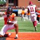 Oklahoma State's Ollie Gordon II (0) celebrates a 2-point conversion front of /tJaylon Braxton (11) in double overtime of the college football game between the Oklahoma State Cowboys and the Arkansas Razorbacks at Boone Pickens Stadium in Stillwater, Okla.,, Saturday, Sept., 7, 2024.