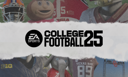 EA Sports College Football 25 Logo with renderings in background.